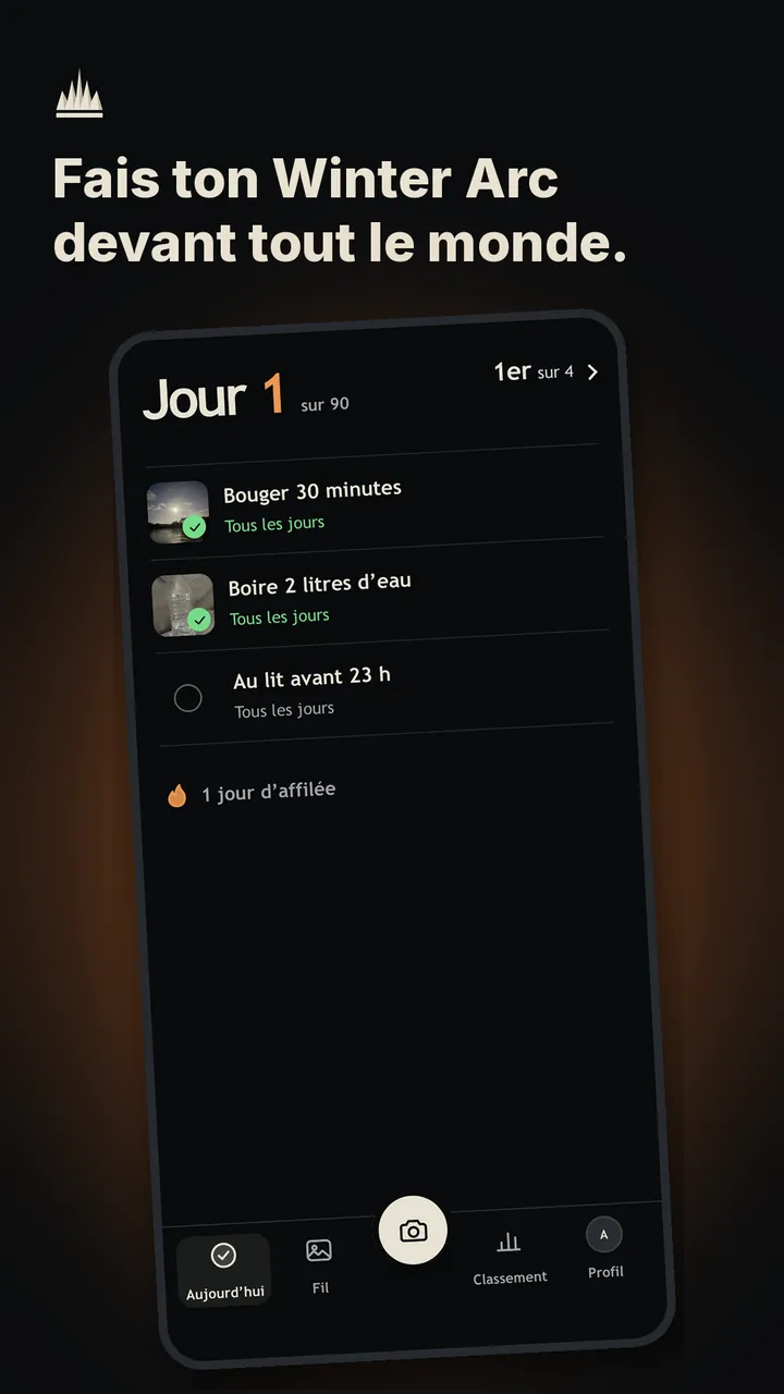 L’écran Aujourd’hui : jour 1 sur 90, deux habitudes validées sur trois, une série d’un jour.